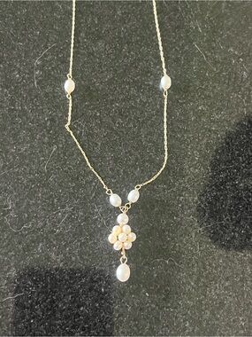 14k Gold Freshwater Pearl Cluster Drop Necklace - White Pearls